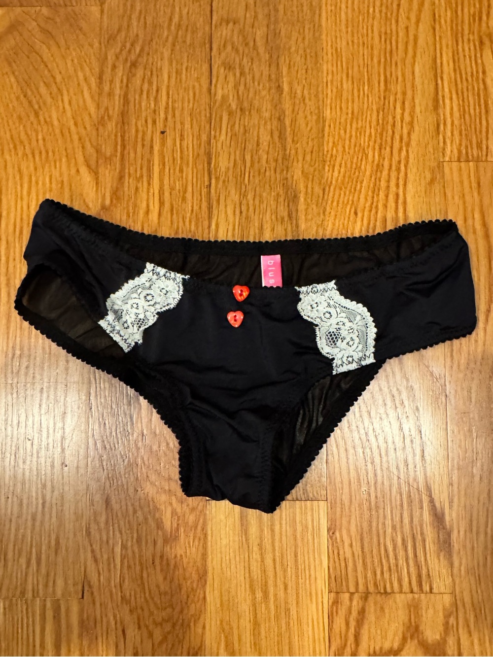 Blush Black Bikini Mesh Briefs White Lace Red Heart Buttons Underwear Small S